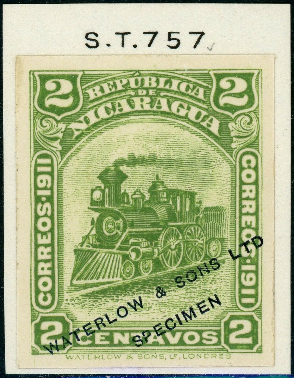 Nicaragua Waterlow 1912 Locomotive stamp 2c design Imperforate Printers' Sample Color Trials Specimen Stamps from Salesmen's books